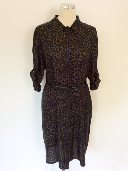 HOBBS DARK GREEN & BLACK LEOPARD PRINT SHIRT DRESS SIZE 16