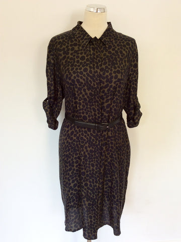 HOBBS DARK GREEN & BLACK LEOPARD PRINT SHIRT DRESS SIZE 16