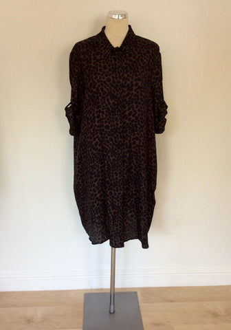 HOBBS DARK GREEN & BLACK LEOPARD PRINT SHIRT DRESS SIZE 16