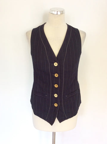 MARITHE FRANCOIS GIRBAUD NAVY BLUE PINSTRIPE WAISTCOAT TOP SIZE 42 UK 10