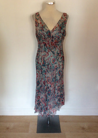 HOBBS DUCK EGG,PINK & WHITE PRINT SEQUIN TRIM SILK DRESS SIZE 14