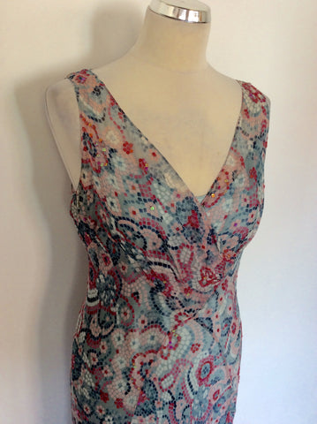 HOBBS DUCK EGG,PINK & WHITE PRINT SEQUIN TRIM SILK DRESS SIZE 14