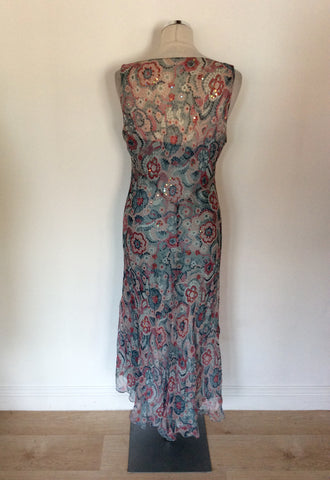 HOBBS DUCK EGG,PINK & WHITE PRINT SEQUIN TRIM SILK DRESS SIZE 14
