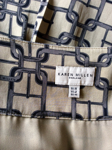 KAREN MILLEN KHAKI GREEN SILK CHAIN PRINT SKIRT SIZE 16