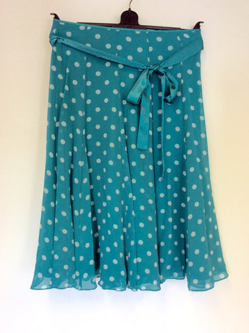 HOBBS TURQOUISE SPOTTED SILK SKIRT SIZE 8