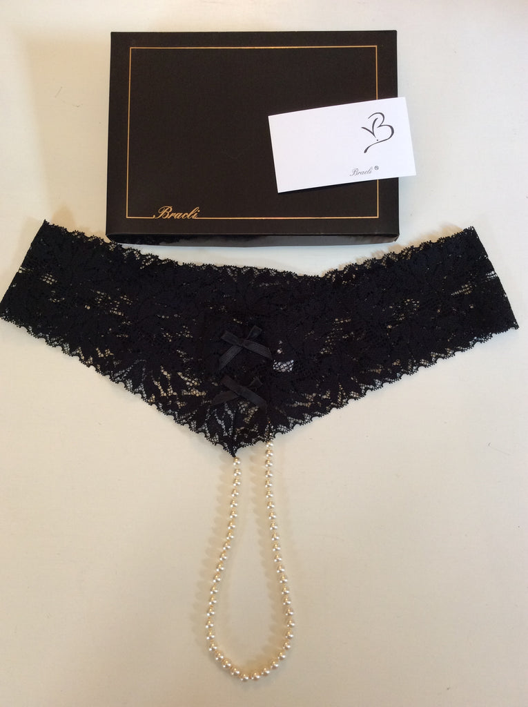 BRAND NEW IN BOX BRACLI BLACK LACE & PEARL THONG SIZE S – Whispers Dress  Agency