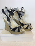 KAREN MILLEN BLACK & WHITE CHECK COTTON TIE LEG WEDGE HEEL SANDALS SIZE 6/39