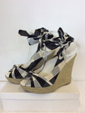 KAREN MILLEN BLACK & WHITE CHECK COTTON TIE LEG WEDGE HEEL SANDALS SIZE 6/39