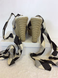 KAREN MILLEN BLACK & WHITE CHECK COTTON TIE LEG WEDGE HEEL SANDALS SIZE 6/39