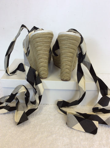 KAREN MILLEN BLACK & WHITE CHECK COTTON TIE LEG WEDGE HEEL SANDALS SIZE 6/39