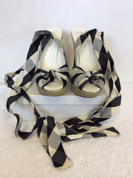 KAREN MILLEN BLACK & WHITE CHECK COTTON TIE LEG WEDGE HEEL SANDALS SIZE 6/39