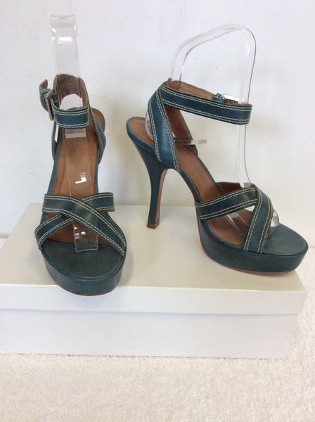 KURT GEIGER TEAL LEATHER STRAPPY HEELED SANDALS SIZE 3.5/36