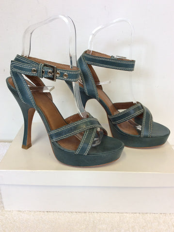 KURT GEIGER TEAL LEATHER STRAPPY HEELED SANDALS SIZE 3.5/36