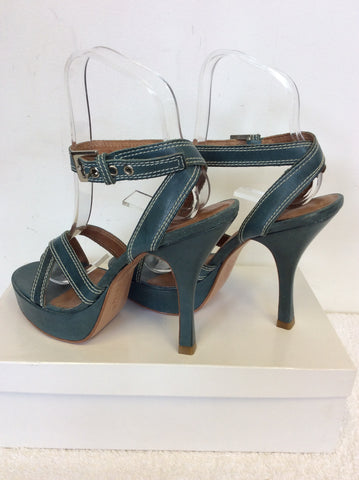 KURT GEIGER TEAL LEATHER STRAPPY HEELED SANDALS SIZE 3.5/36