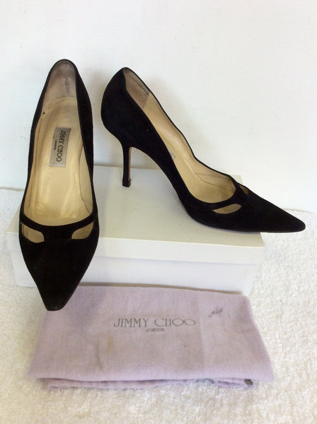 JIMMY CHOO BLACK SUEDE CUT OUT DETAIL HEELS SIZE 7.5/41.5