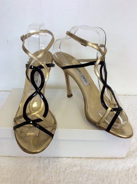 JIMMY CHOO BLACK & GOLD STRAPPY LEATHER SANDALS SIZE 7.5/41