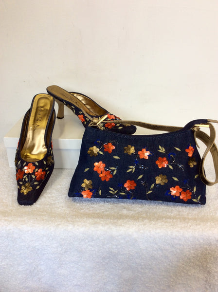 JANE SHILTON CHER BLUE DENIM EMBELLISHED MULES & MATCHING BAG SIZE 7.5/41
