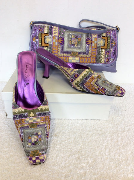 JANE SHILTON BOMBAY LILAC EMBELLISHED HEELED MULES & MATCHIN BAG SIZE 7/40