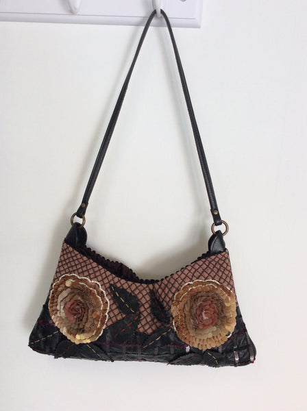 JAMIN PUECH BLACK LEATHER & BROWN FABRIC SEQUINNED SHOULDER BAG