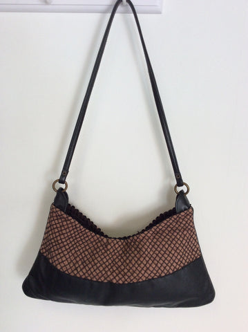 JAMIN PUECH BLACK LEATHER & BROWN FABRIC SEQUINNED SHOULDER BAG