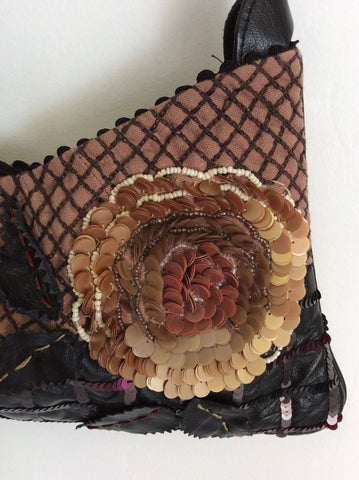 JAMIN PUECH BLACK LEATHER & BROWN FABRIC SEQUINNED SHOULDER BAG