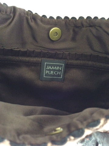 JAMIN PUECH BLACK LEATHER & BROWN FABRIC SEQUINNED SHOULDER BAG