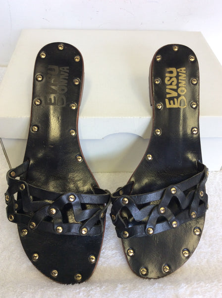 EVISU DONNA BLACK LEATHER STUDDED SLIP ON MULES SIZE 6/39