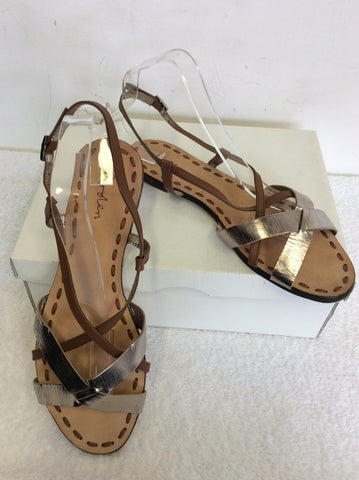 BRAND NEW BODEN BROWN & SILVER LEATHER STRAPPY FLAT SANDALS SIZE 7.5/41