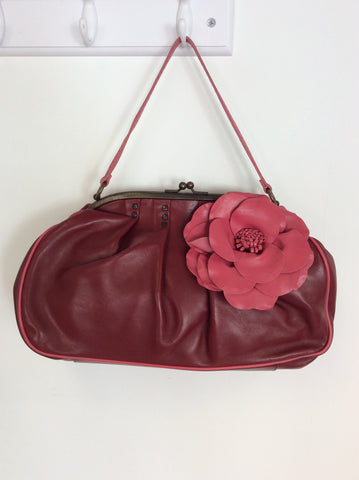 JAMIN  PUECH DARK RED LEATHER & PINK FLOWER SHOULDER / HAND BAG