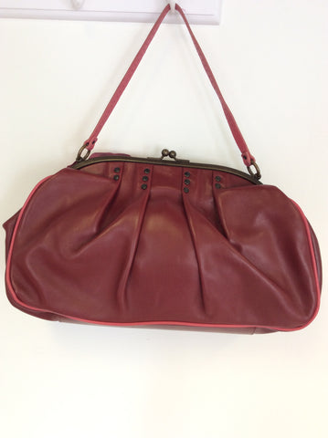 JAMIN  PUECH DARK RED LEATHER & PINK FLOWER SHOULDER / HAND BAG