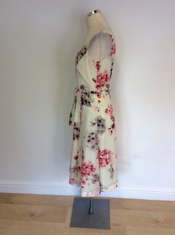LAURA ASHLEY WHITE,PINK & GREY FLORAL PRINT DRESS SIZE 10