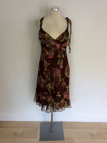 KAREN MILLEN BROWN SILK FLORAL DRESS SIZE 10