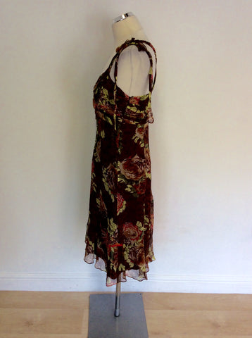 KAREN MILLEN BROWN SILK FLORAL DRESS SIZE 10