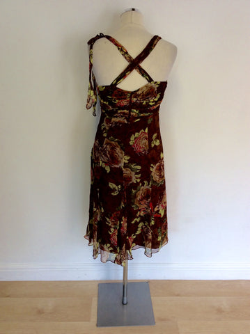 KAREN MILLEN BROWN SILK FLORAL DRESS SIZE 10