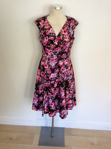 ARIELLA BLACK & PINK FLORAL PRINT COTTON DRESS SIZE 14