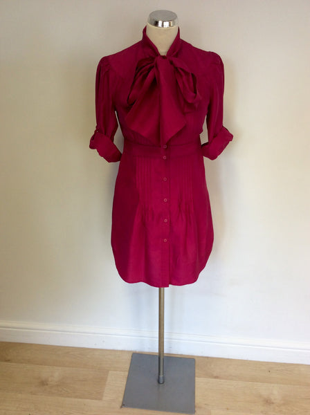 TED BAKER FUSHIA PINK SILK PUSSY BOW SHIRT DRESS SIZE 2 UK 10