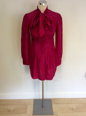 TED BAKER FUSHIA PINK SILK PUSSY BOW SHIRT DRESS SIZE 2 UK 10