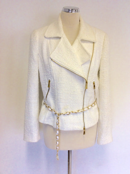 BRAND NEW LUISA SPAGNOLI WHITE ZIP UP CHAIN BELT JACKET SIZE 46 UK 14