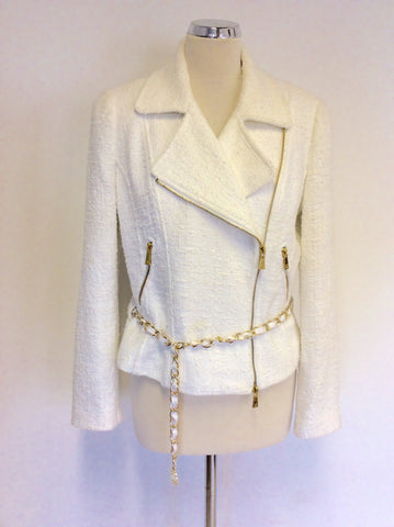 BRAND NEW LUISA SPAGNOLI WHITE ZIP UP CHAIN BELT JACKET SIZE 46 UK 14
