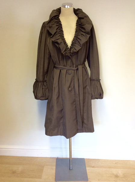 PER UNA BROWN RUCHED COLLAR & BELL CUFFS TIE WAIST MAC SIZE 16
