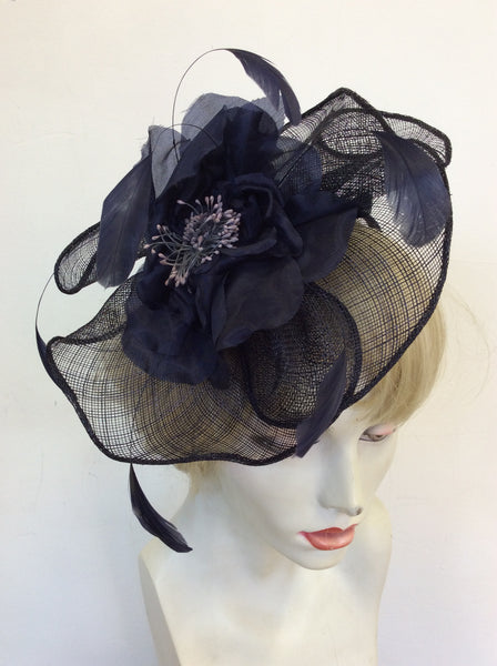 LAURA ASHLEY DARK BLUE FLOWER & FEATHER TRIM FASCINATOR