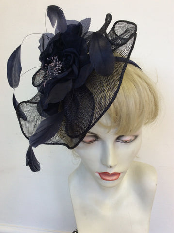 LAURA ASHLEY DARK BLUE FLOWER & FEATHER TRIM FASCINATOR