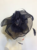 LAURA ASHLEY DARK BLUE FLOWER & FEATHER TRIM FASCINATOR