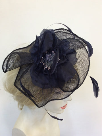 LAURA ASHLEY DARK BLUE FLOWER & FEATHER TRIM FASCINATOR