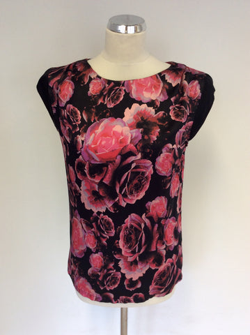 MARCIANO GUESS BLACK & PINK ROSE PRINT SILK TOP SIZE 44 UK 12