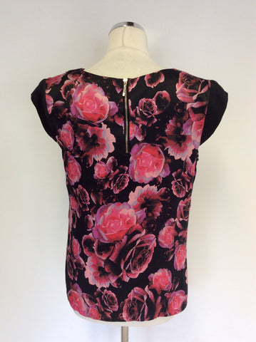 MARCIANO GUESS BLACK & PINK ROSE PRINT SILK TOP SIZE 44 UK 12