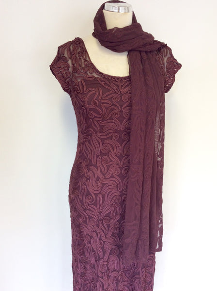 PHASE EIGHT BURGUNDY/WINE NET OVERLAY APPLIQUÉ TRIM DRESS & WRAP SIZE 10