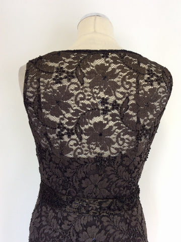 PHASE EIGHT DARK BROWN BEADED & SEQUINNED LACE DRESS SIZE 12