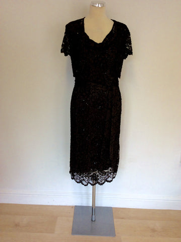 PHASE EIGHT DARK BROWN BEADED & SEQUINNED LACE DRESS & BOLERO JACKET SIZE 10