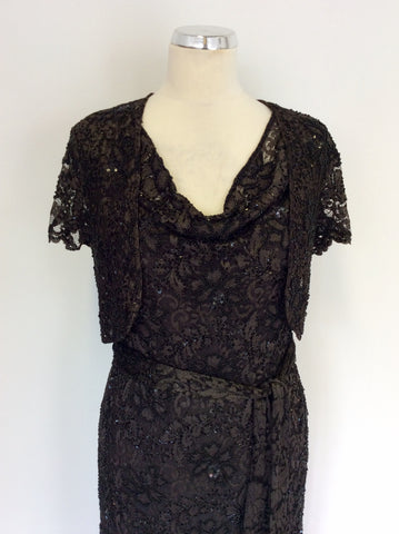 PHASE EIGHT DARK BROWN BEADED & SEQUINNED LACE DRESS & BOLERO JACKET SIZE 10